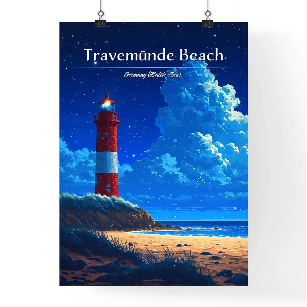 Travemünde Beach, Germany (Baltic Sea) - Art print of a lighthouse on a beach Poster