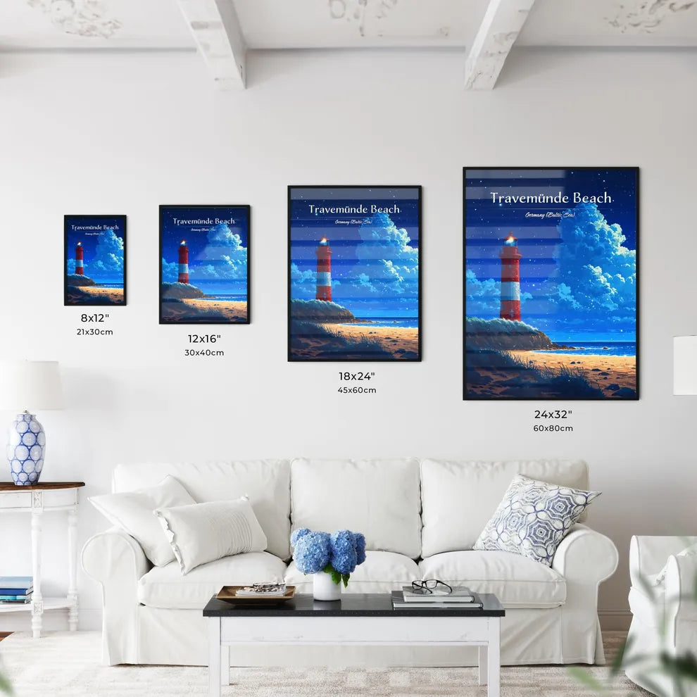 Travemünde Beach, Germany (Baltic Sea) - Art print of a lighthouse on a beach Size Chart