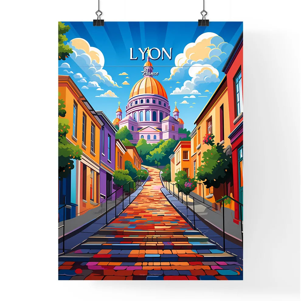 Lyon, France - Art print of a colorful street with a building in the background Poster