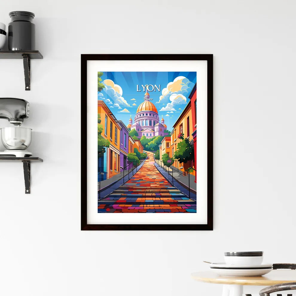 Lyon, France - Art print of a colorful street with a building in the background Custom Print