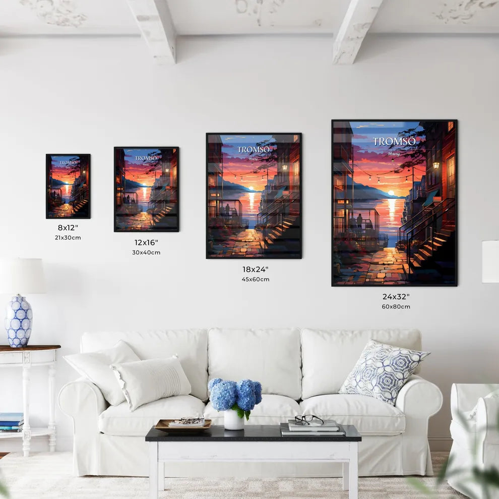 Tromsö, Norway - Art print of a sunset over a river Size Chart