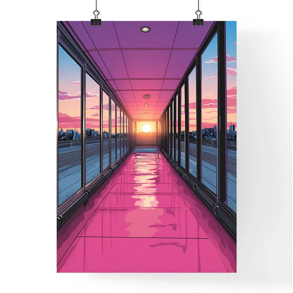 Pack your bags with adaptability today - Art print of a long hallway with a pink floor and glass windows Poster