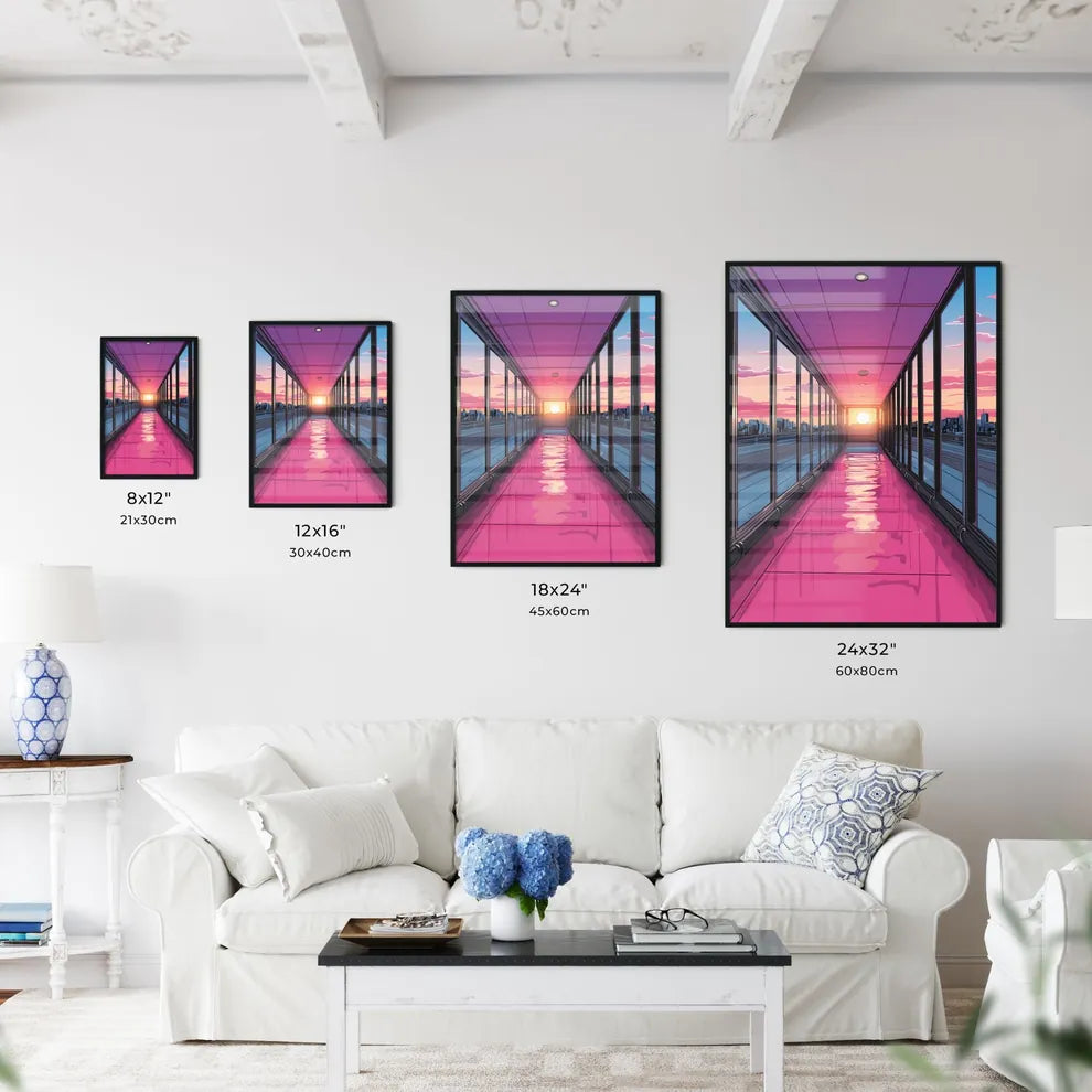Pack your bags with adaptability today - Art print of a long hallway with a pink floor and glass windows Size Chart