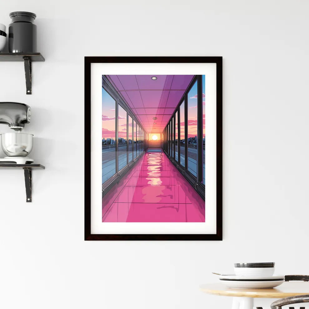 Pack your bags with adaptability today - Art print of a long hallway with a pink floor and glass windows Custom Print