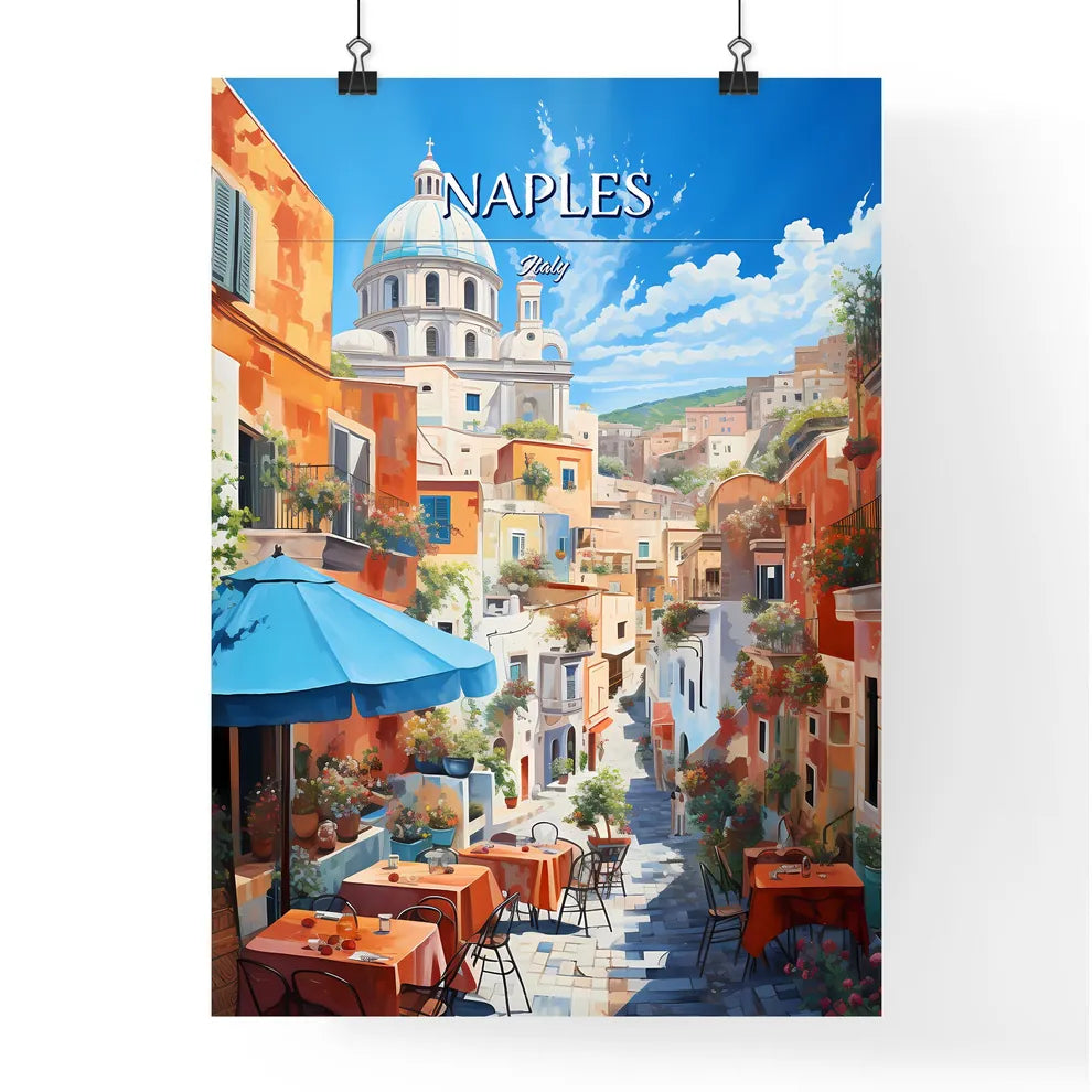 Naples, Italy - Art print of a street with tables and chairs in a city Poster