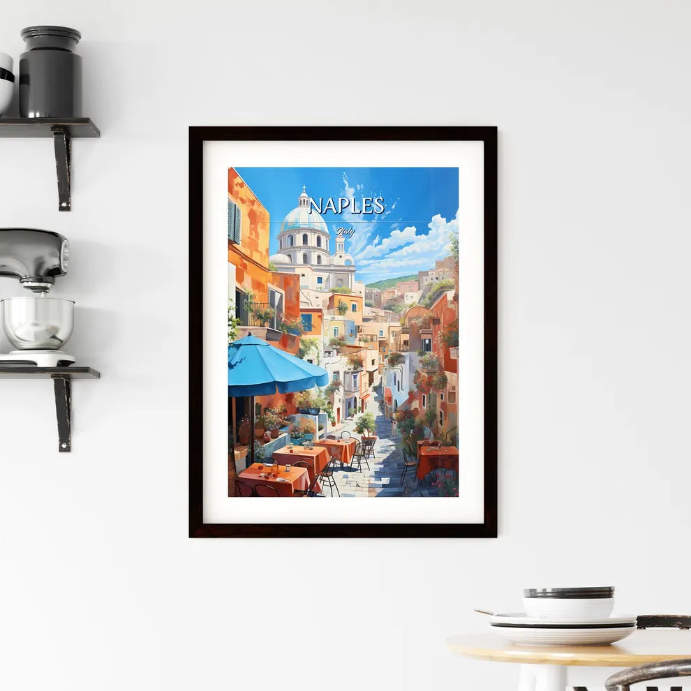 Naples, Italy - Art print of a street with tables and chairs in a city Custom Print