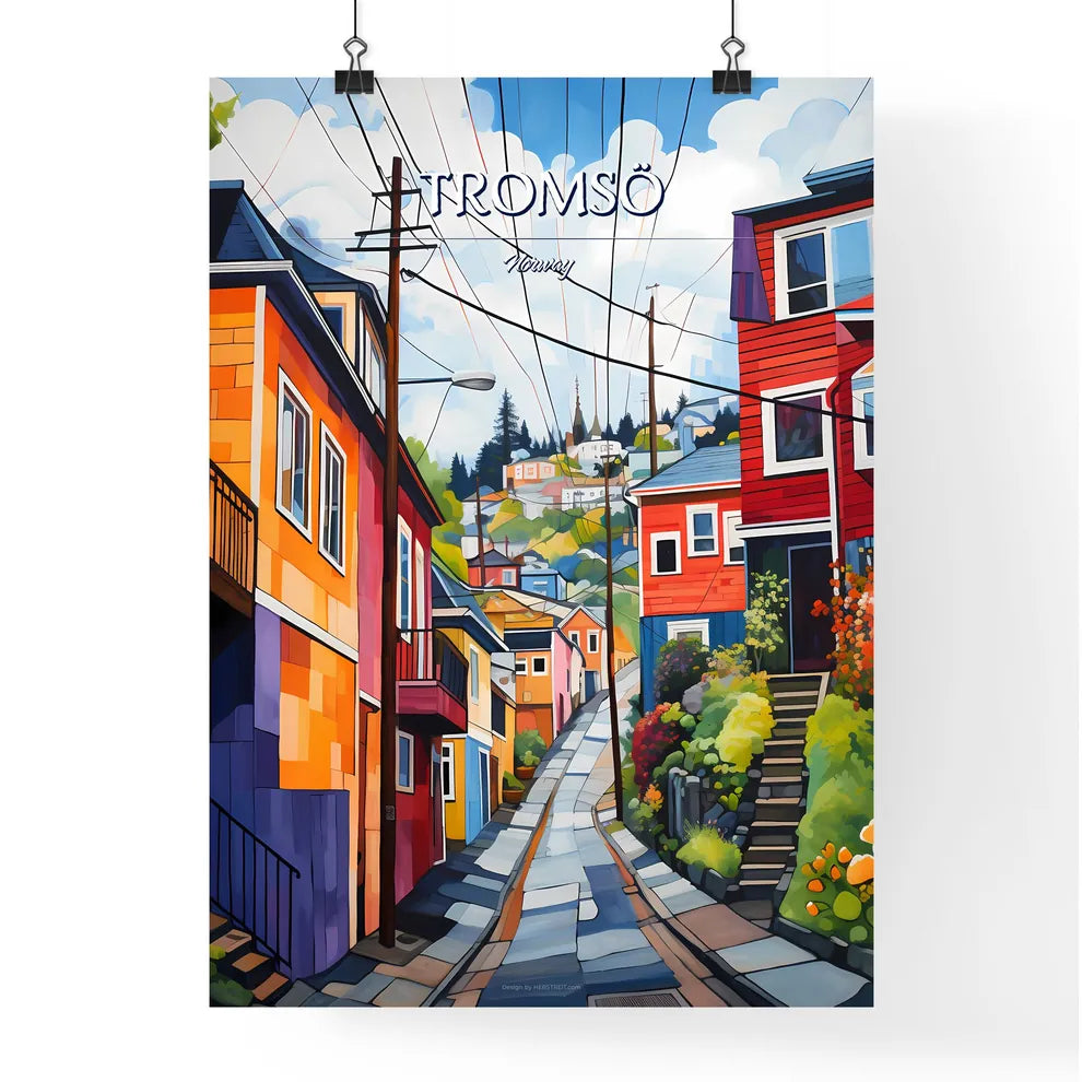 Tromsö, Norway - Art print of a painting of a street with colorful houses Poster