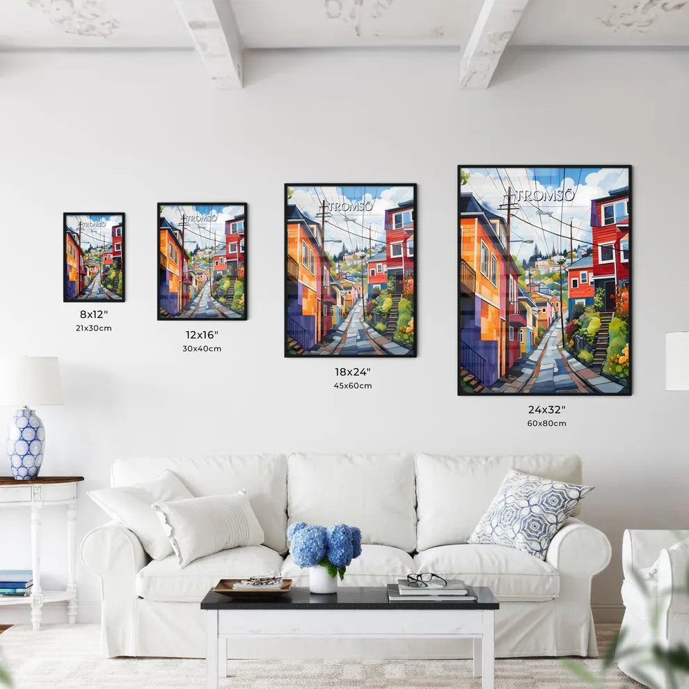 Tromsö, Norway - Art print of a painting of a street with colorful houses Size Chart