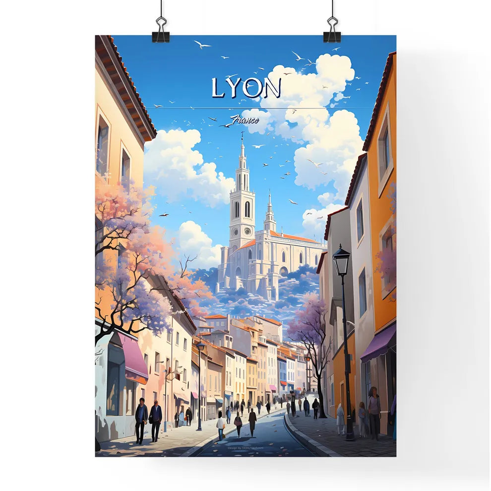 Lyon, France - Art print of a street with people walking down it and a castle in the distance Poster