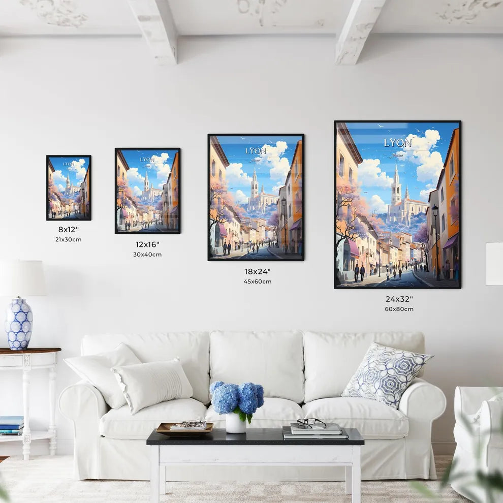 Lyon, France - Art print of a street with people walking down it and a castle in the distance Size Chart