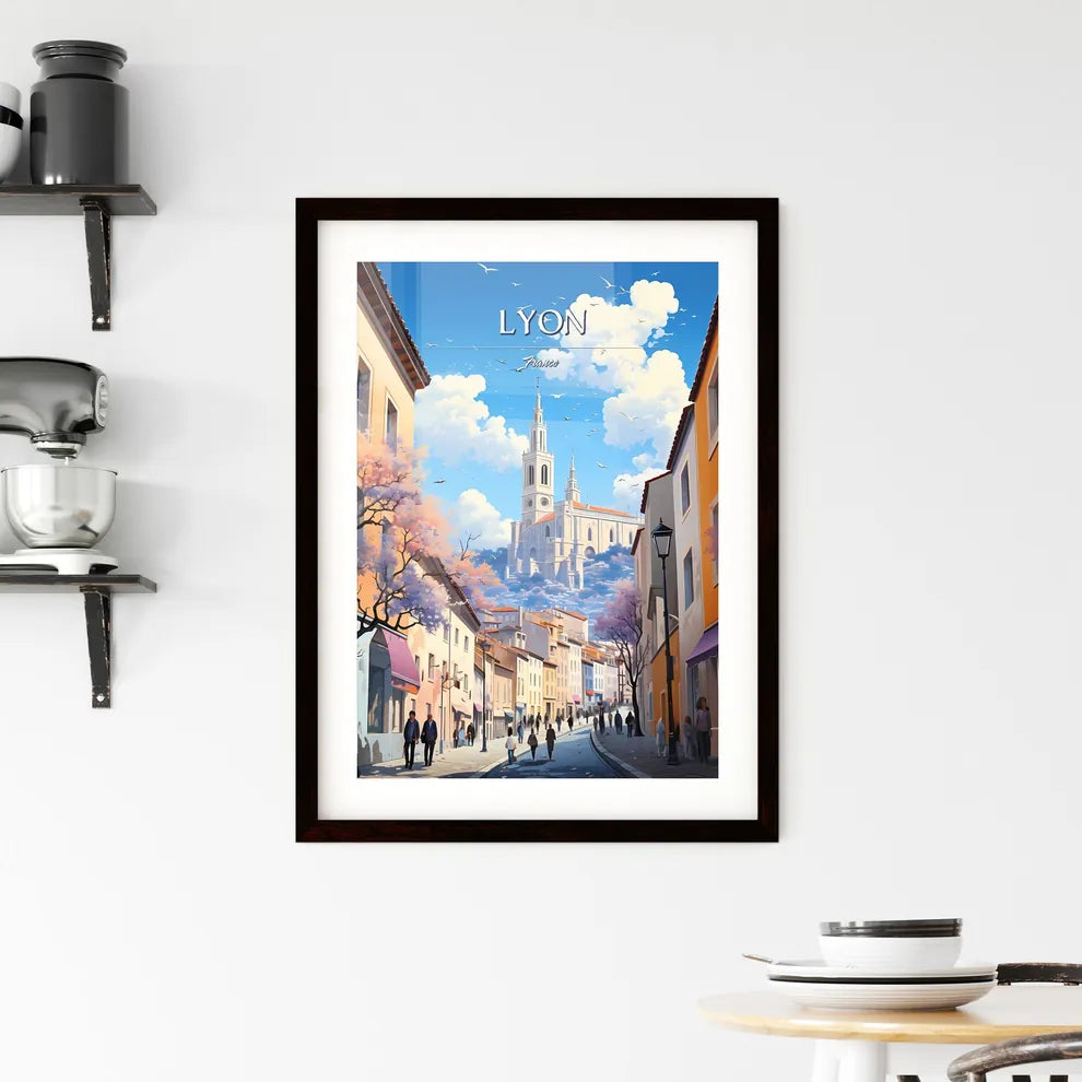Lyon, France - Art print of a street with people walking down it and a castle in the distance Custom Print