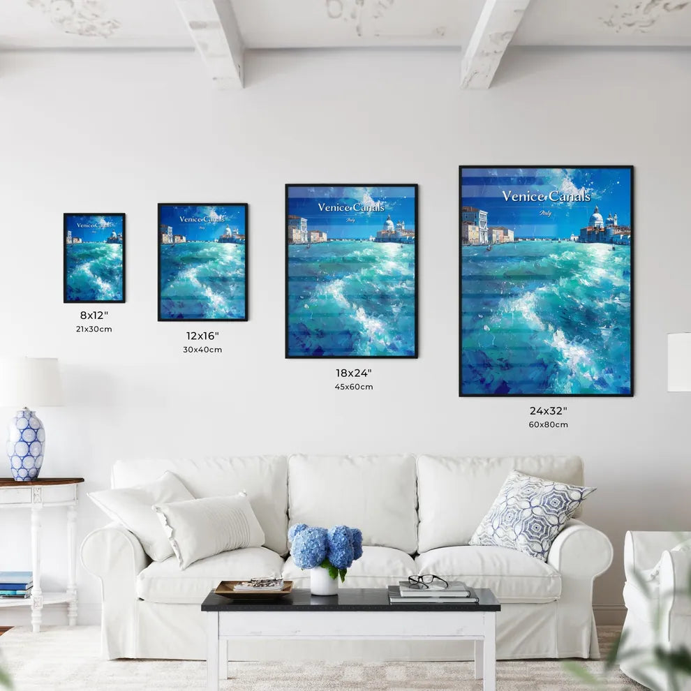 Venice Canals, Italy - Art print of a water with buildings and a church in the background Size Chart