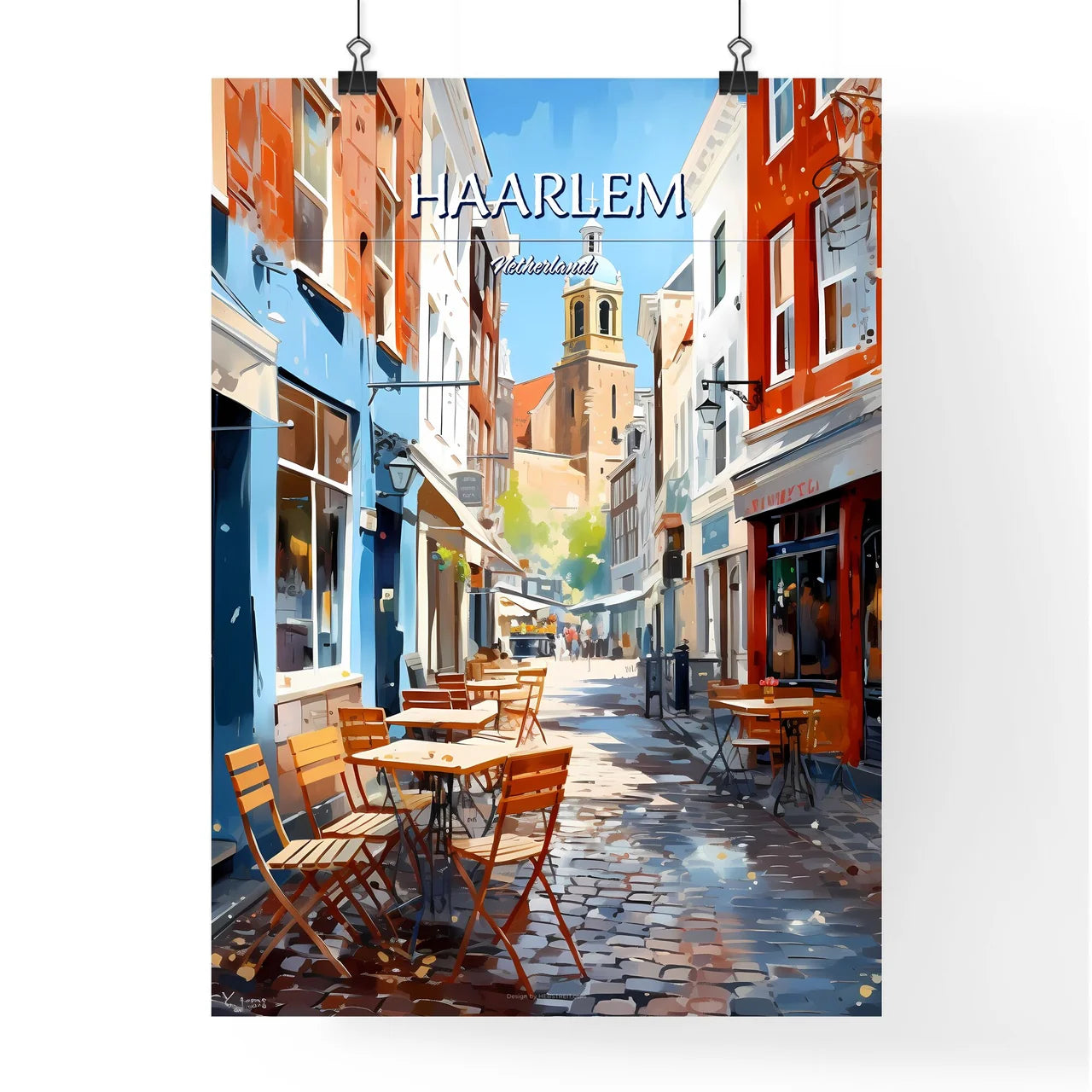 Haarlem, Netherlands - Art print of a street with tables and chairs in a city Poster