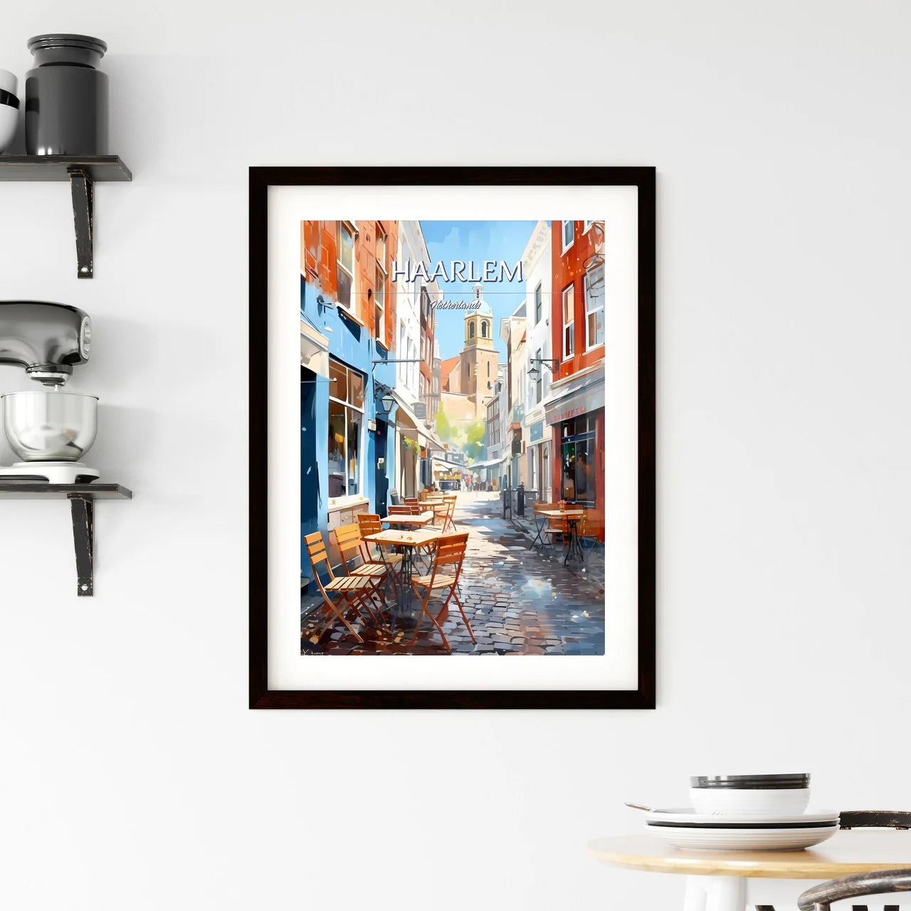 Haarlem, Netherlands - Art print of a street with tables and chairs in a city Custom Print