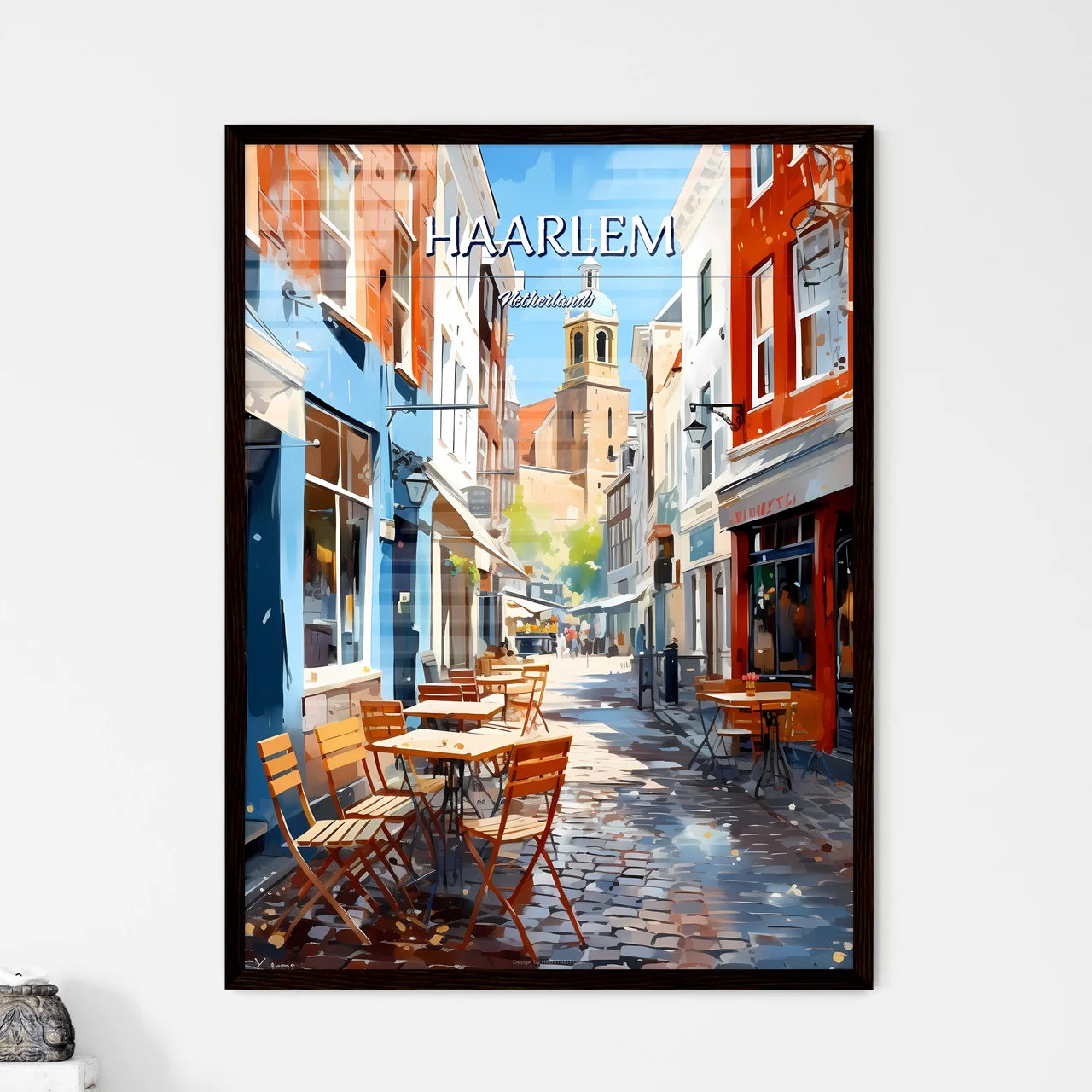 Haarlem, Netherlands - Art print of a street with tables and chairs in a city Framed Art
