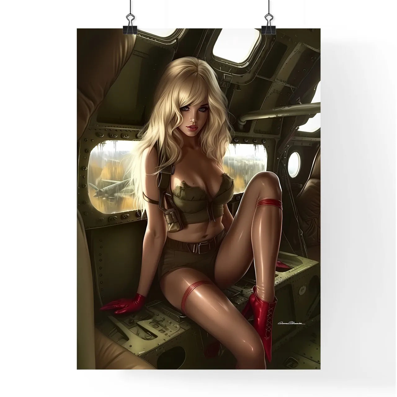 Blonde pin up girl in stockings with red hig Poster