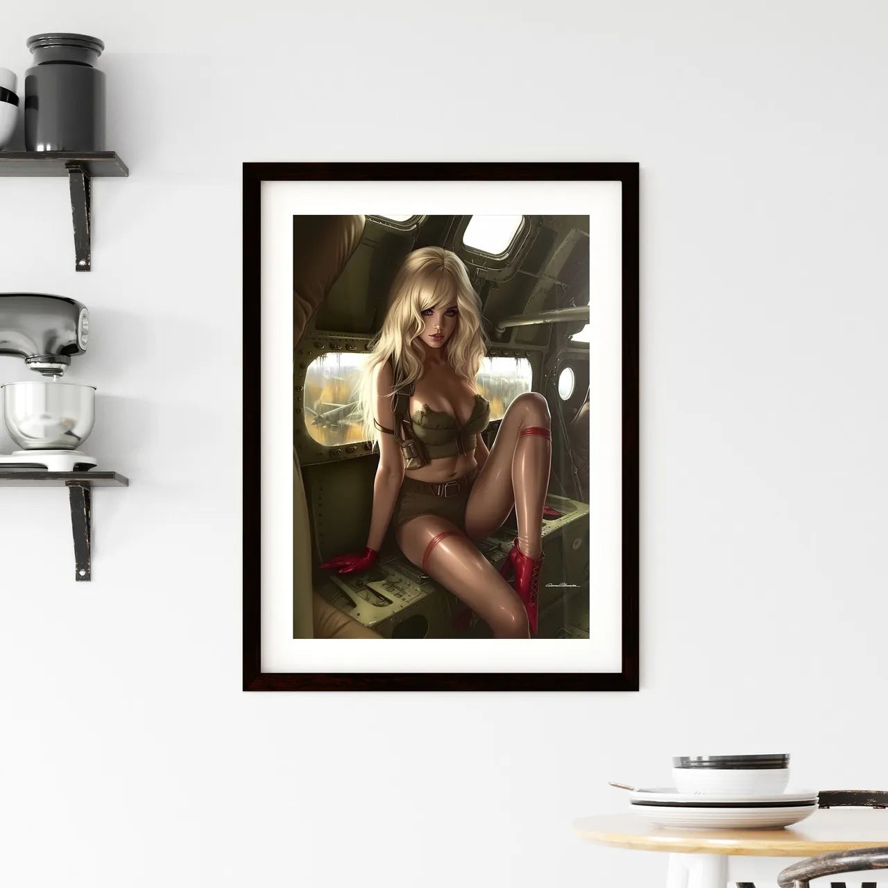 Blonde pin up girl in stockings with red hig Framed Print