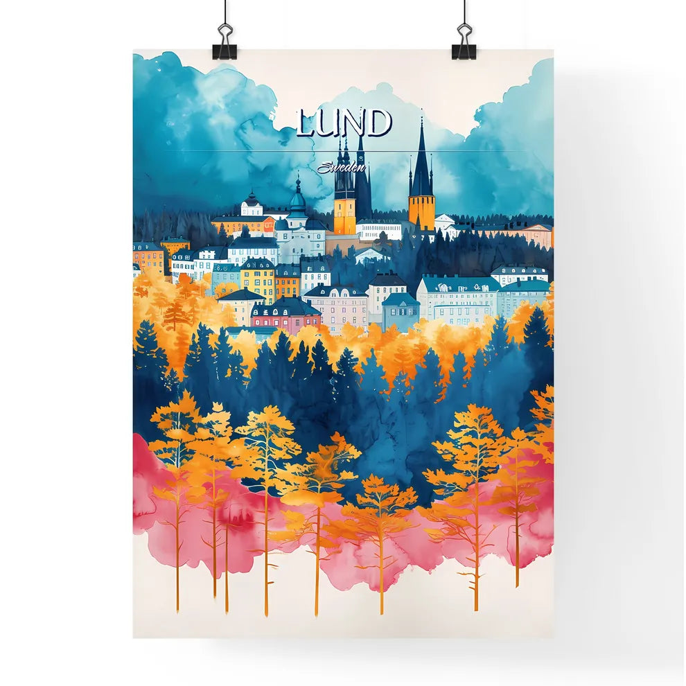 Lund, Sweden, - Art print of a watercolor painting of a city Poster