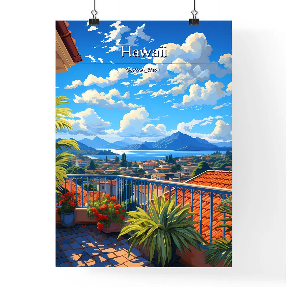 On the roofs of Hawaii, United States - Art print of a balcony with a view of a town and mountains Poster