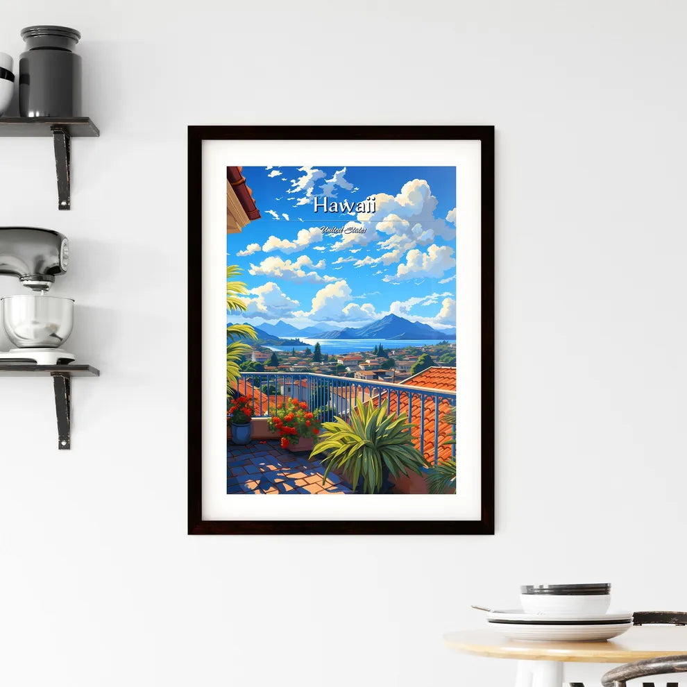 On the roofs of Hawaii, United States - Art print of a balcony with a view of a town and mountains Custom Print