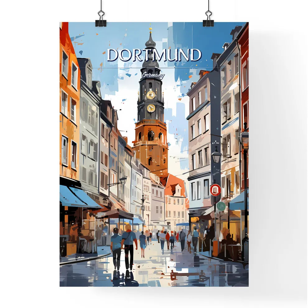 Dortmund, Germany - Art print of a street with a clock tower in the background Poster