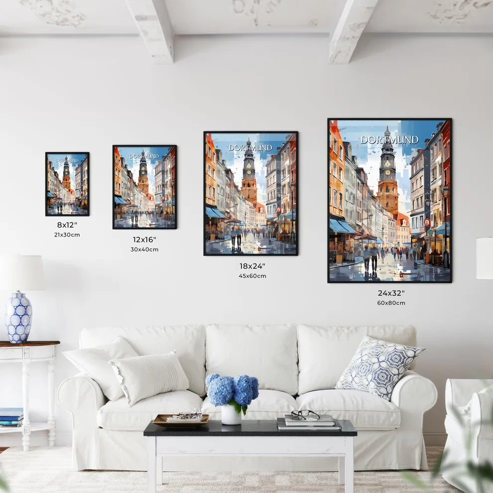 Dortmund, Germany - Art print of a street with a clock tower in the background Size Chart
