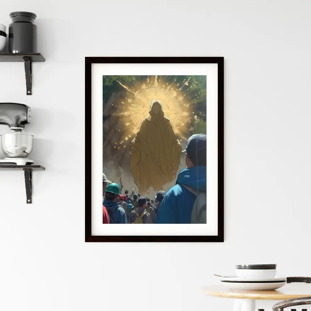 Saint mary standing above firefighters Framed Print