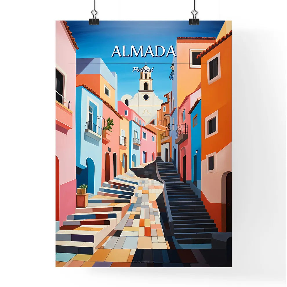 Almada, Portugal - Art print of a colorful alley with stairs and a church Poster
