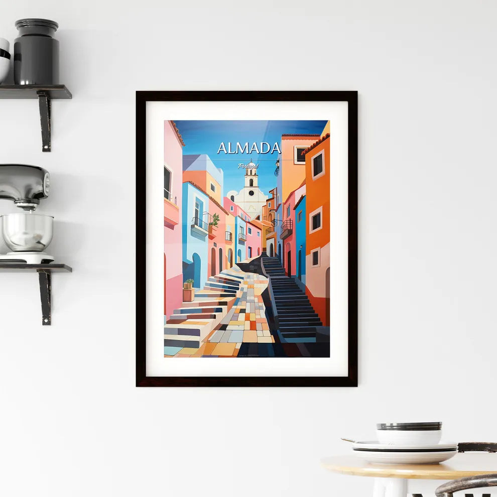Almada, Portugal - Art print of a colorful alley with stairs and a church Custom Print