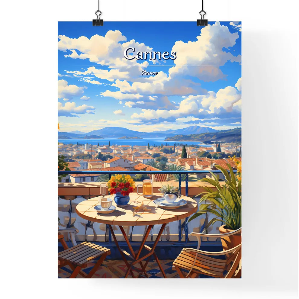 On the roofs of Cannes, France - Art print of a table and chairs on a balcony overlooking a city Poster