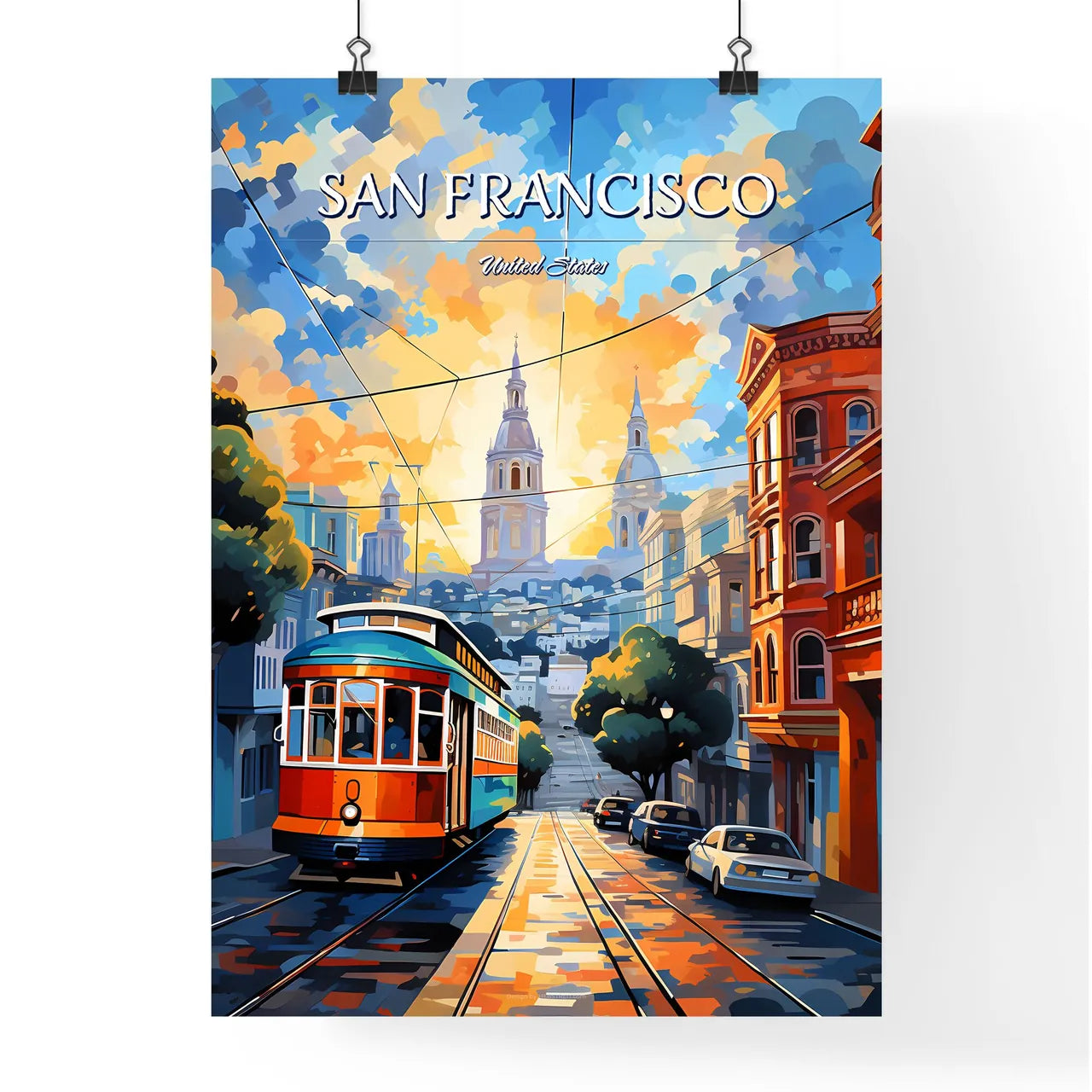 San Francisco - Art print of a trolley on a street with cars and buildings in the background Poster