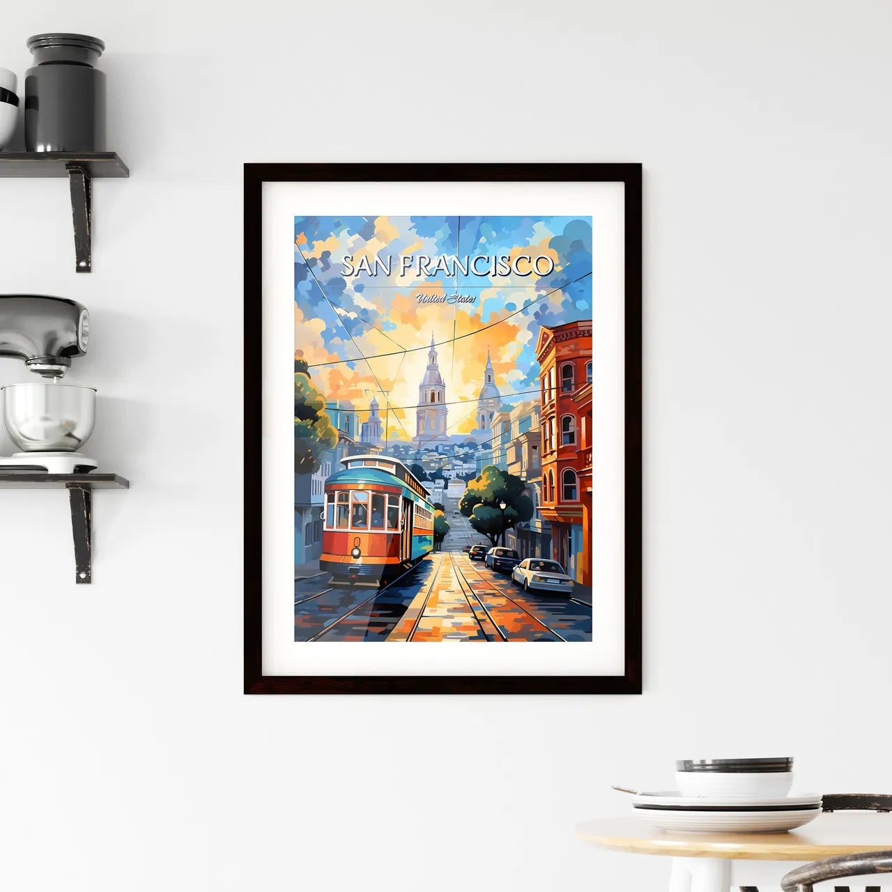 San Francisco - Art print of a trolley on a street with cars and buildings in the background Custom Print