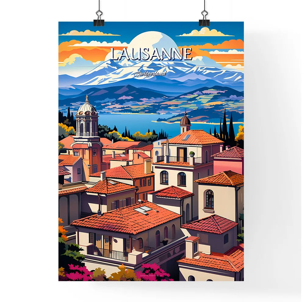 Lausanne, Switzerland - Art print of a town with red roofs and trees and mountains in the background Poster