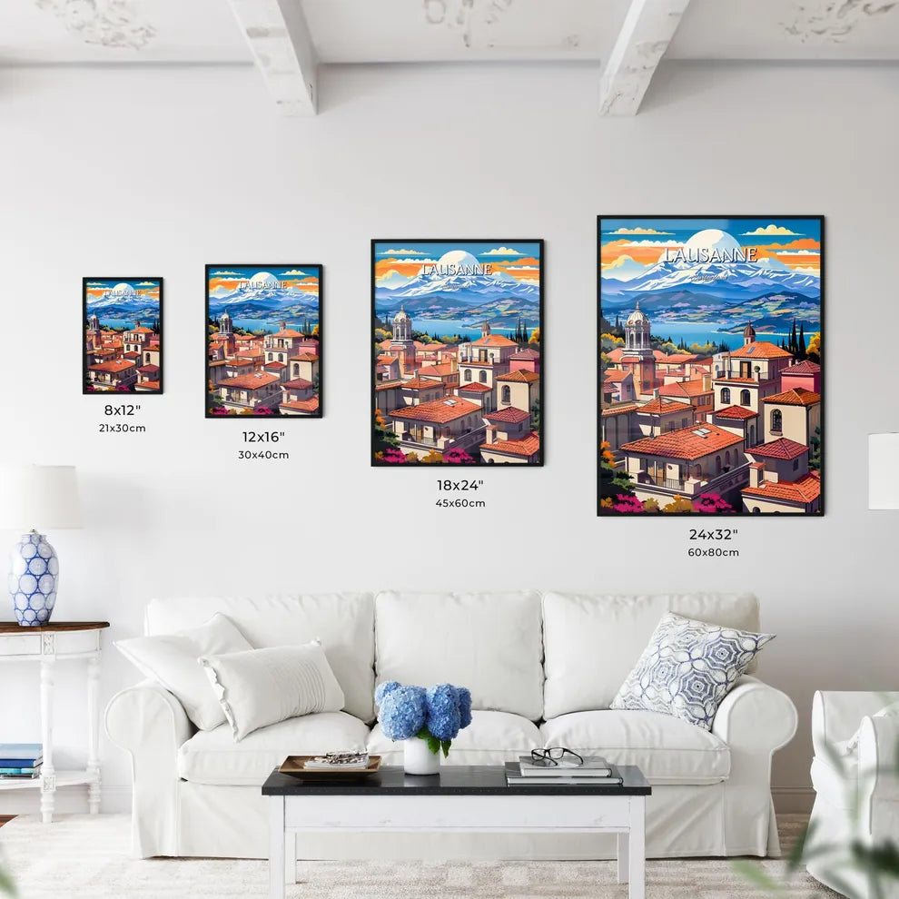 Lausanne, Switzerland - Art print of a town with red roofs and trees and mountains in the background Size Chart