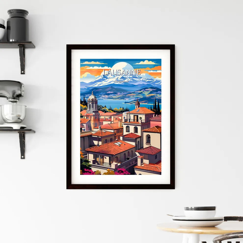 Lausanne, Switzerland - Art print of a town with red roofs and trees and mountains in the background Custom Print