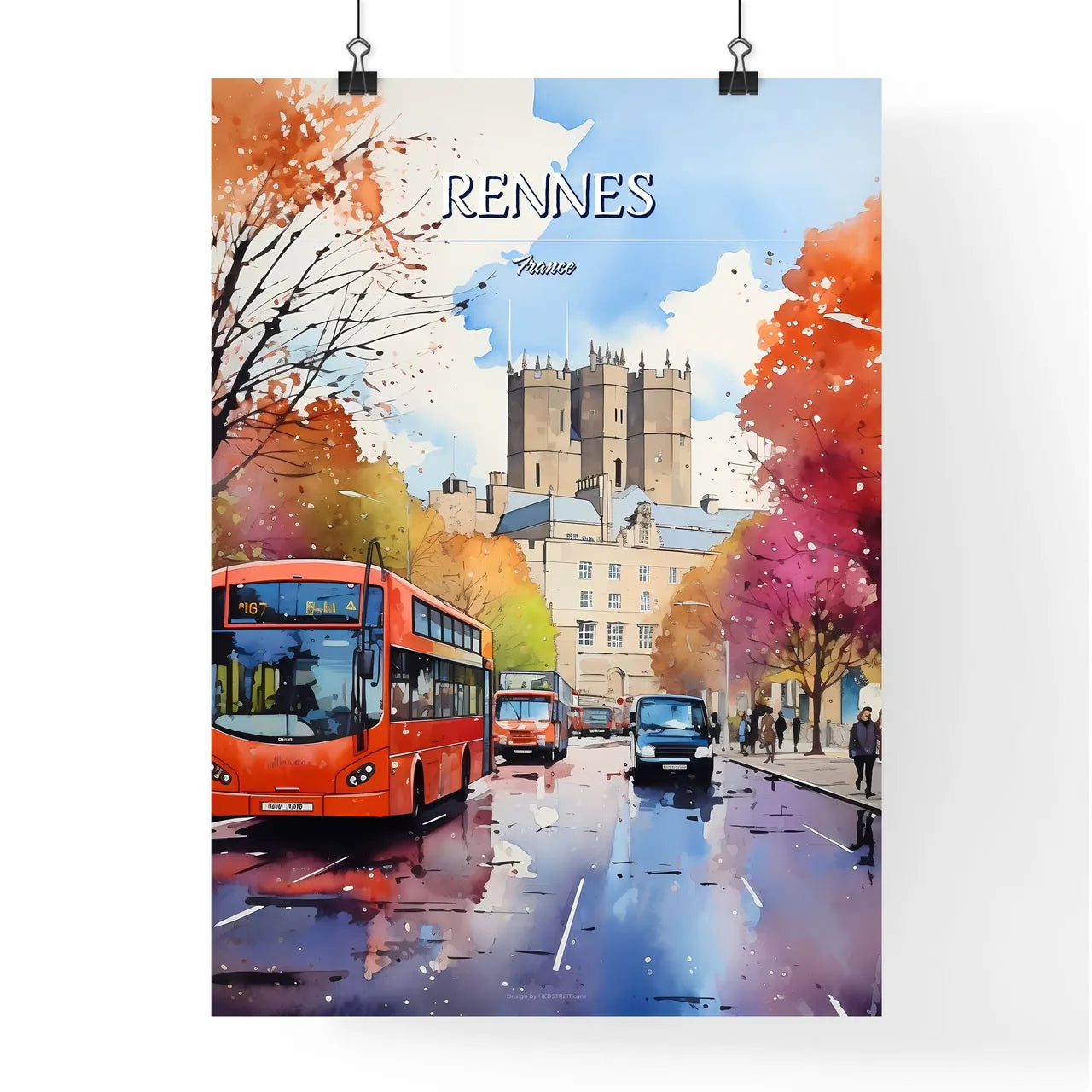 Rennes, France - Art print of a watercolor of a street with a bus and cars Poster