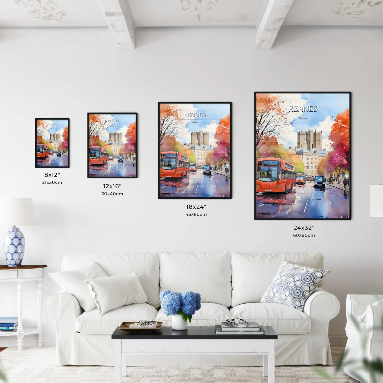 Rennes, France - Art print of a watercolor of a street with a bus and cars Size Chart