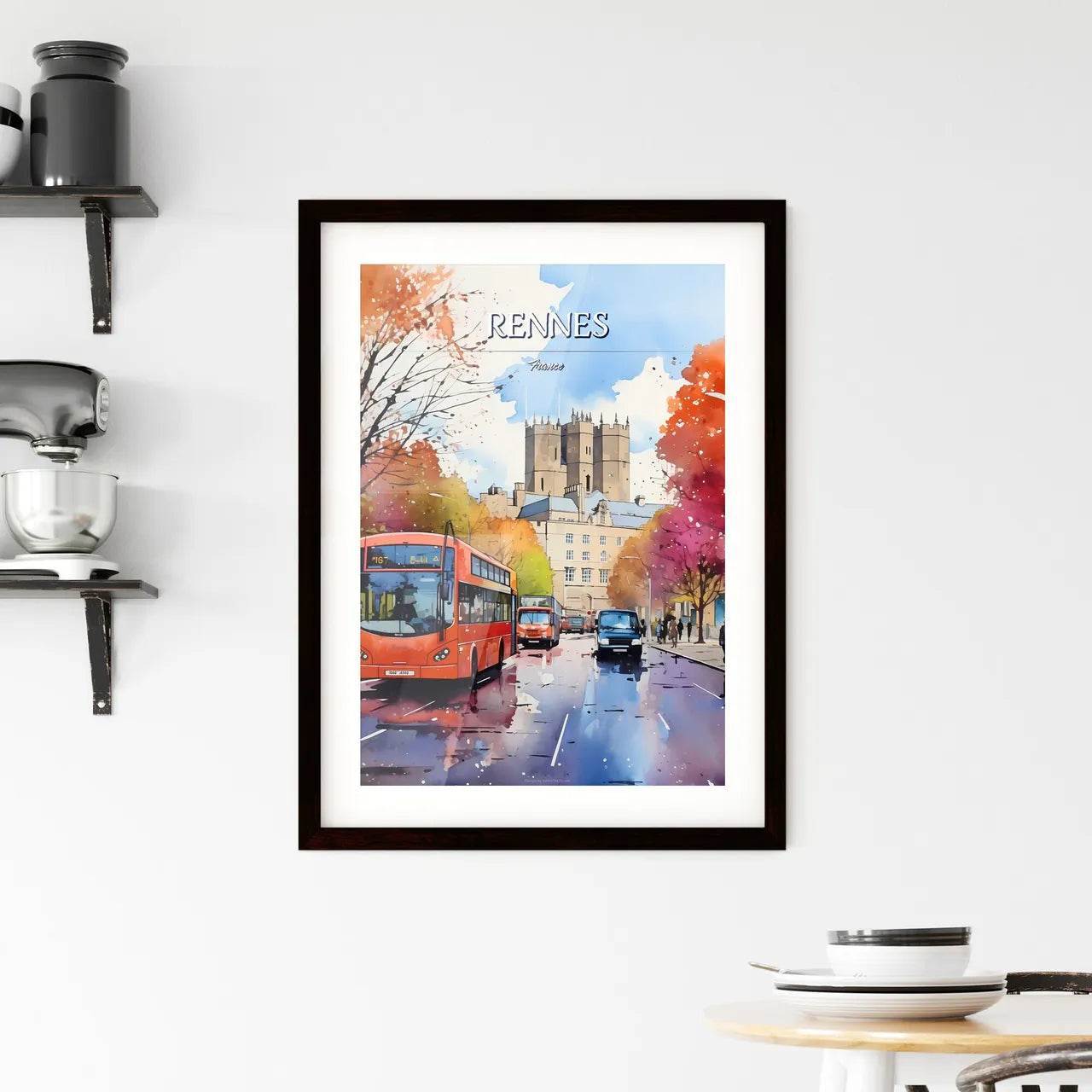 Rennes, France - Art print of a watercolor of a street with a bus and cars Custom Print
