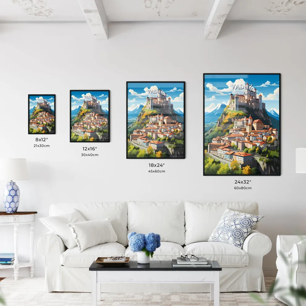 Vaduz, Liechtenstein - Art print of a castle on a hill Size Chart