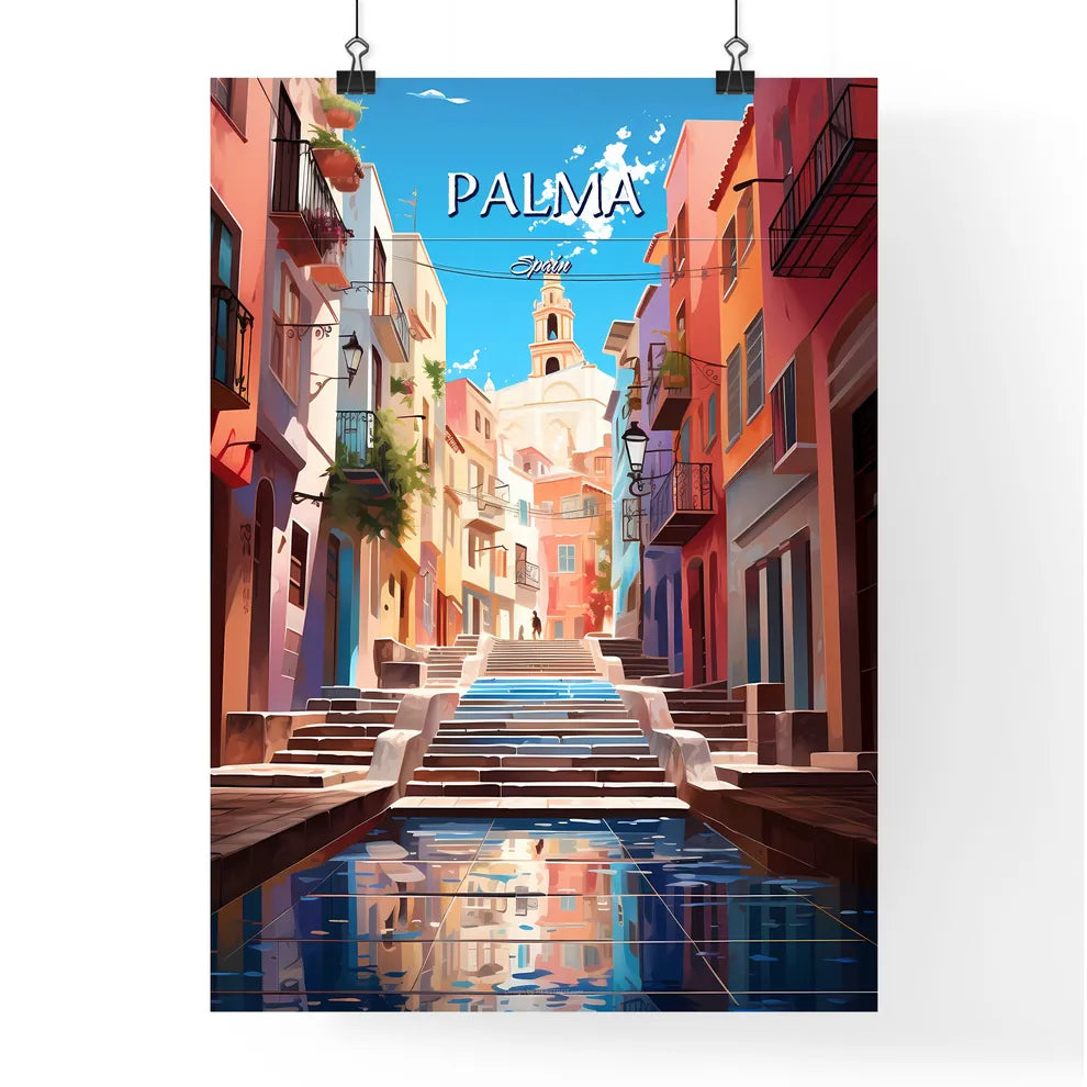 Palma, Spain - Art print of a street with stairs and water in front of buildings Poster