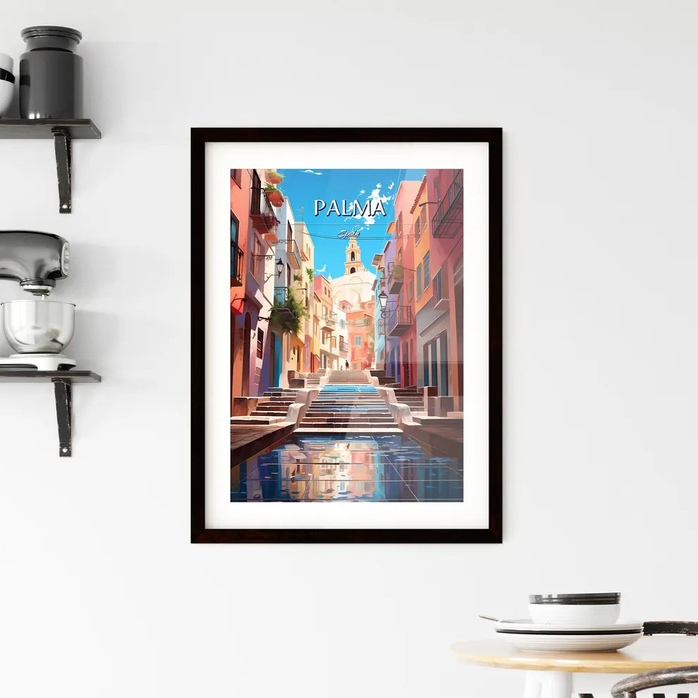 Palma, Spain - Art print of a street with stairs and water in front of buildings Custom Print