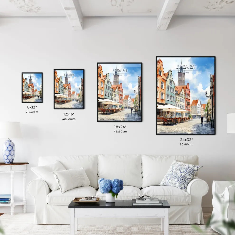 Bremen, Germany - Art print of a street with tables and chairs in front of buildings with Wittenberg in the background Size Chart