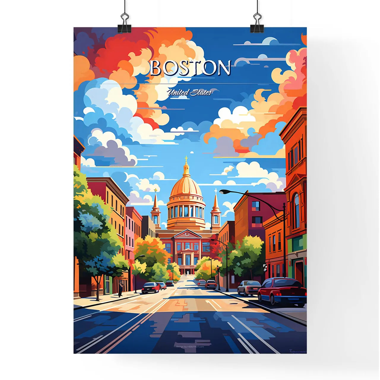Boston - Art print of a street with cars and a building in the background Poster