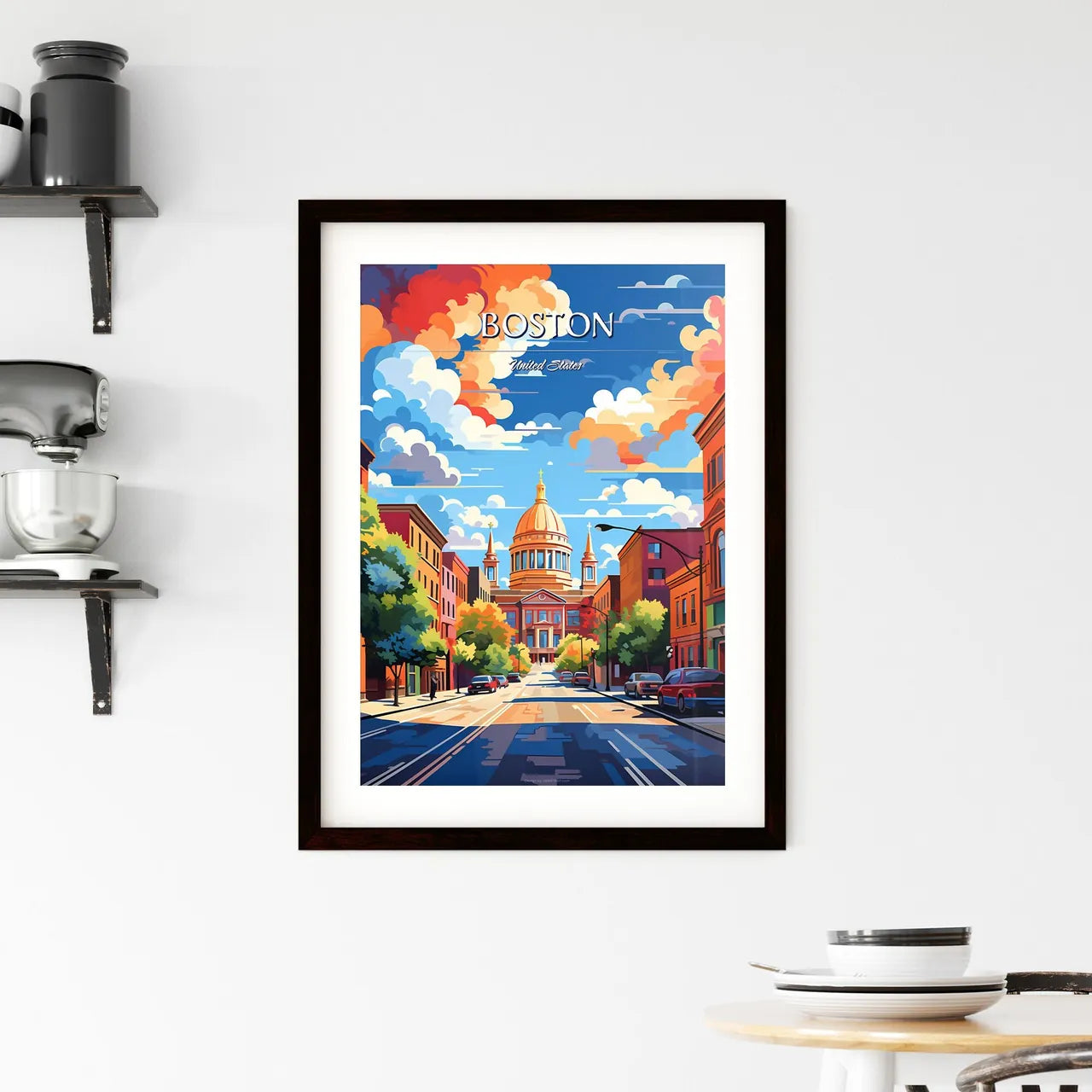 Boston - Art print of a street with cars and a building in the background Custom Print
