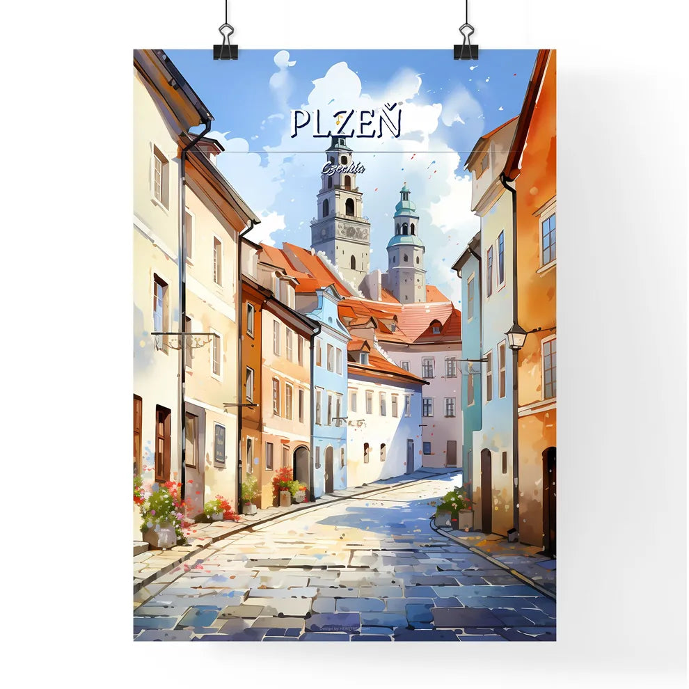 Plzeň, Czechia - Art print of a street with buildings and a tower Poster