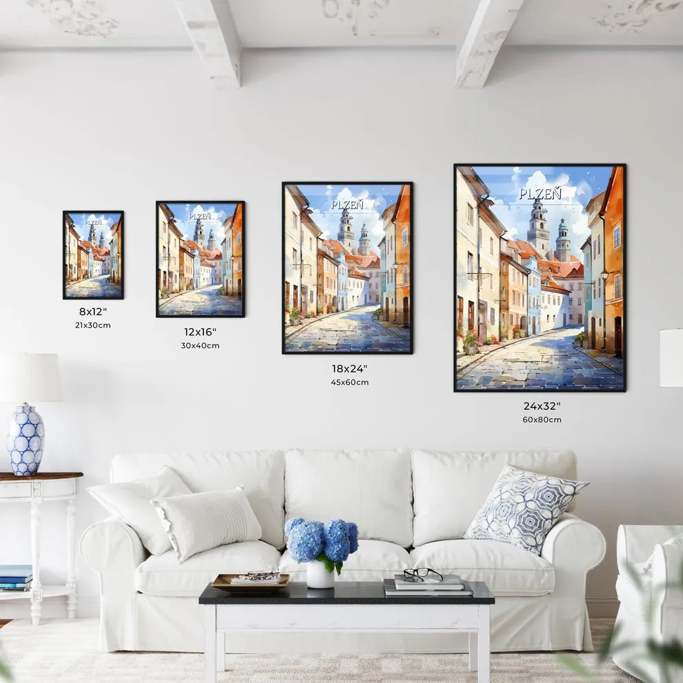 Plzeň, Czechia - Art print of a street with buildings and a tower Size Chart