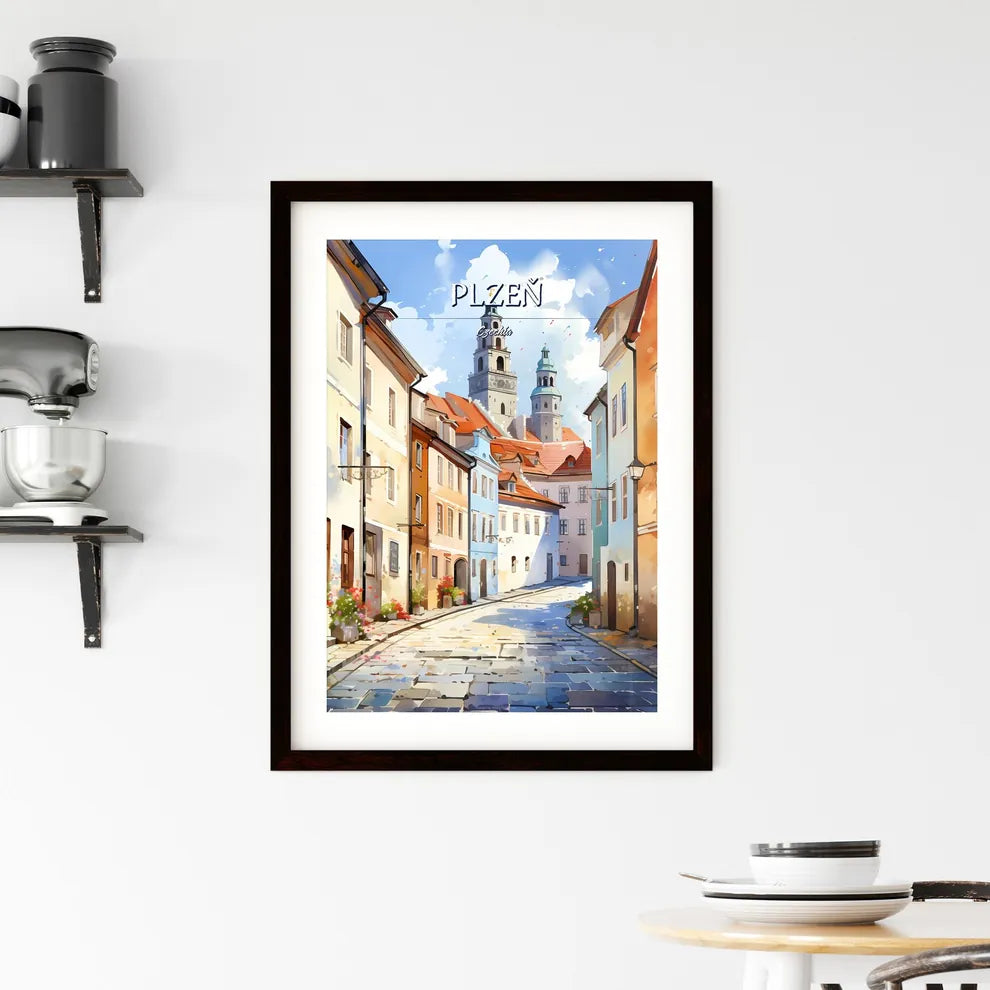 Plzeň, Czechia - Art print of a street with buildings and a tower Custom Print