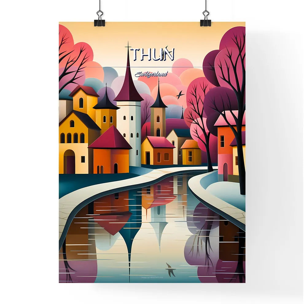 Thun, Switzerland - Art print of a colorful landscape with a river and houses Poster