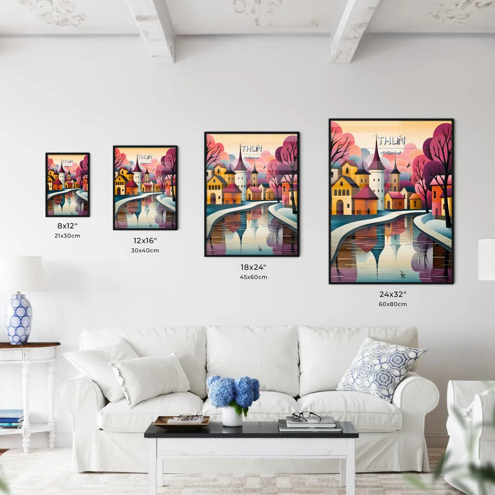 Thun, Switzerland - Art print of a colorful landscape with a river and houses Size Chart