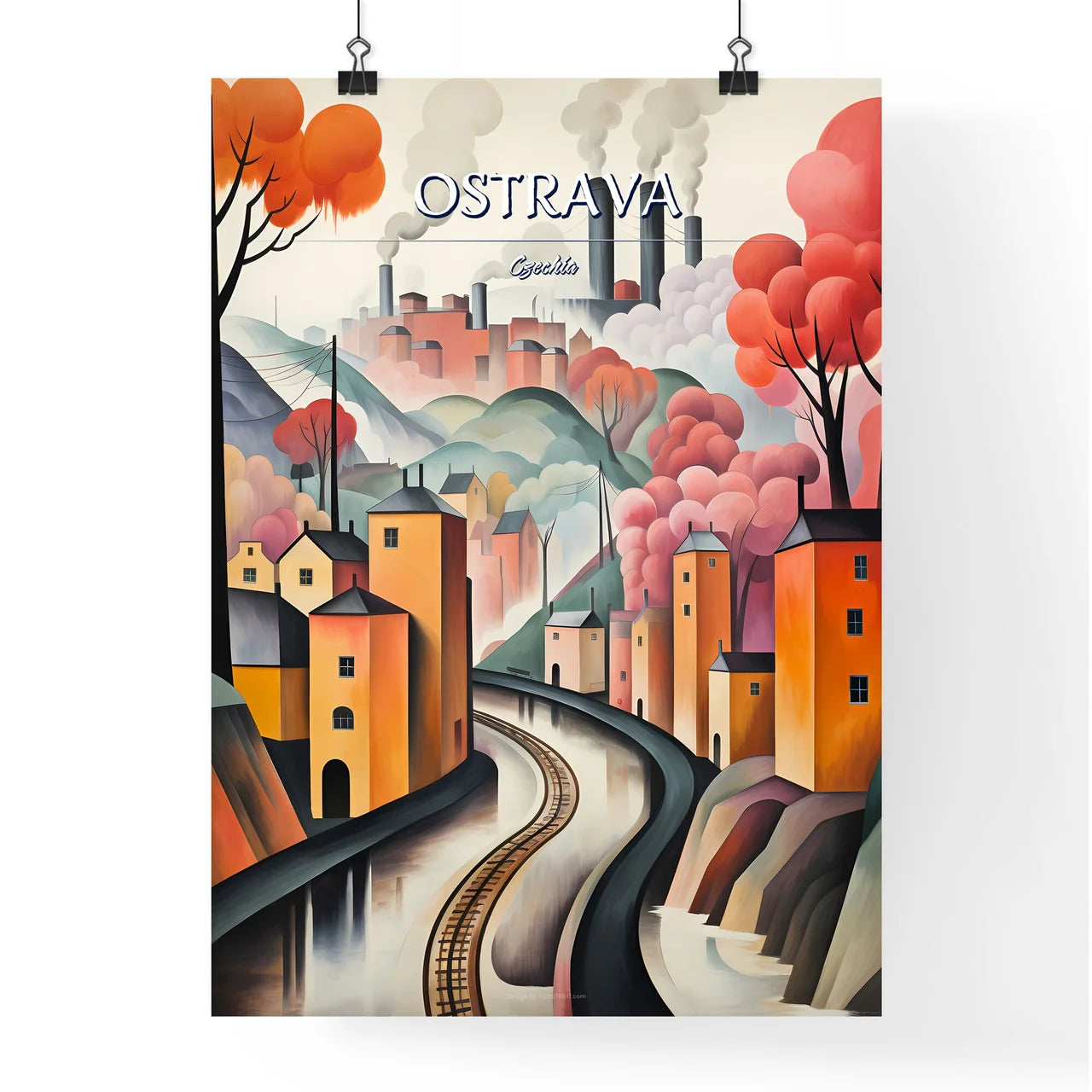 Ostrava, Czechia - Art print of a painting of a town with trees and smoke coming out of it Poster
